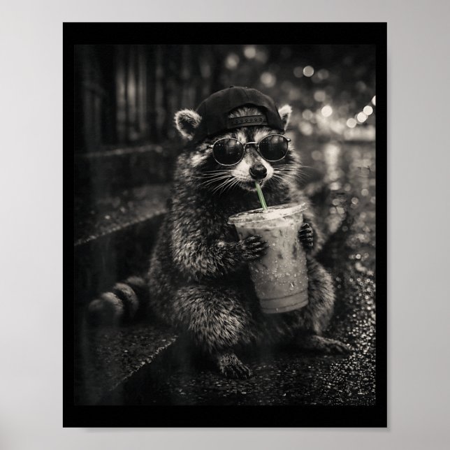 Póster Mapache bebiendo café helado meme divertido de ani (Frente)