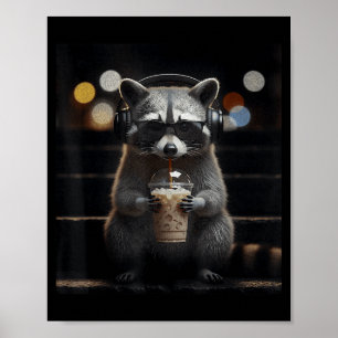 Póster Mapache bebiendo café helado meme divertido de ani