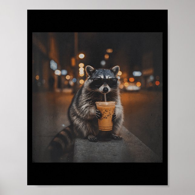 Póster Mapache bebiendo café helado meme divertido de ani (Frente)