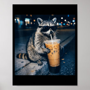 Póster Mapache bebiendo café helado meme divertido de ani
