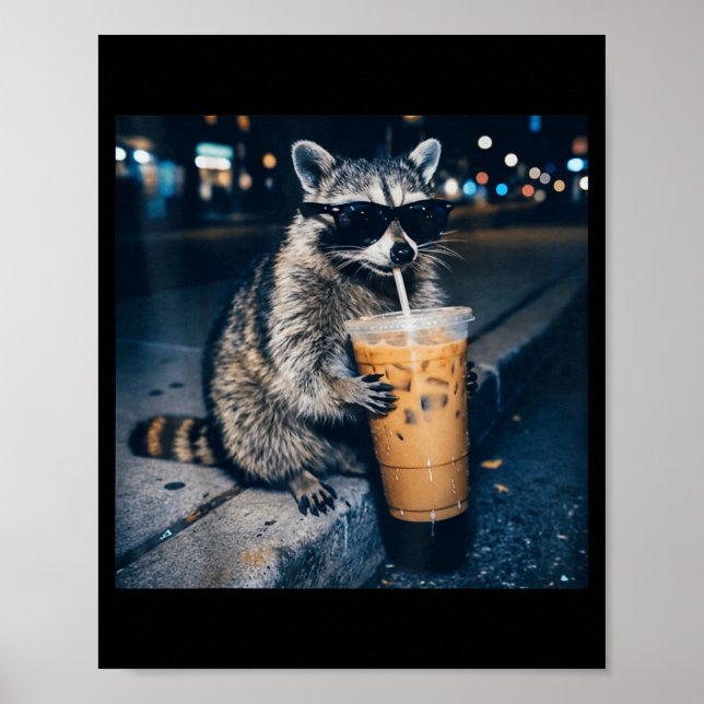 Póster Mapache bebiendo café helado meme divertido de ani (Frente)