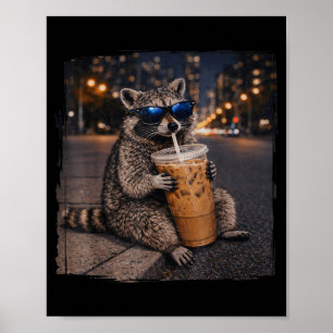 Póster Mapache bebiendo café helado meme divertido de ani