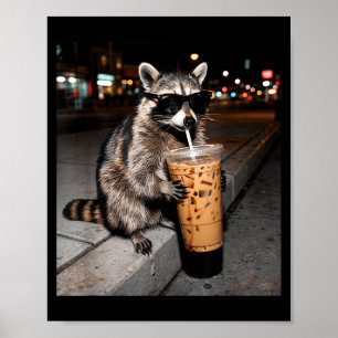 Póster Mapache bebiendo café helado meme divertido de ani