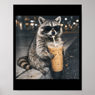 Póster Mapache bebiendo café helado meme divertido de ani