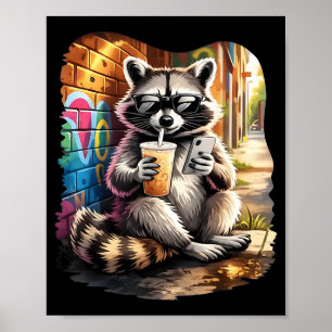Póster Mapache bebiendo café helado meme divertido de ani