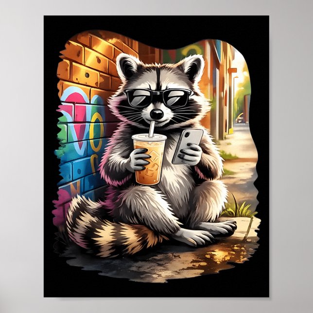 Póster Mapache bebiendo café helado meme divertido de ani (Frente)