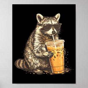 Póster Mapache bebiendo café helado meme divertido de ani