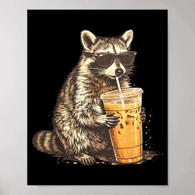 Póster Mapache bebiendo café helado meme divertido de ani (Frente)