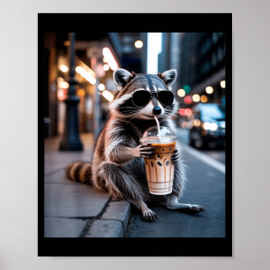 Póster Mapache bebiendo café helado meme divertido de ani