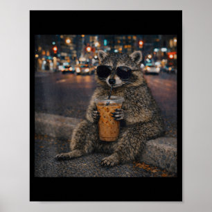 Póster Mapache bebiendo café helado meme divertido de ani