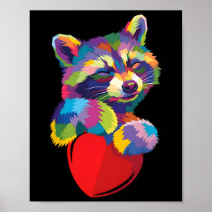 Póster Mapache Colorido Abrazando Corazón Ilustración Pop