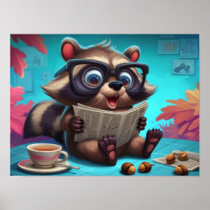 Póster Mapache de dibujos animados lindo leyendo un perió
