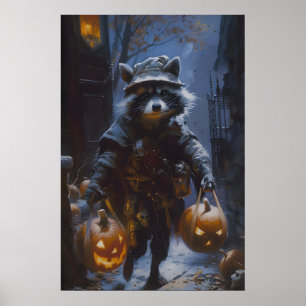 Póster Mapache de Truco o Trato con Jack-o'-Lanterns