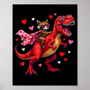 Póster Mapache del día de San Valentín montando un dinosa