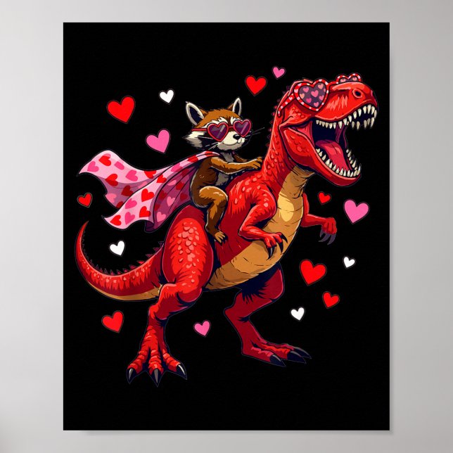 Póster Mapache del día de San Valentín montando un dinosa (Frente)