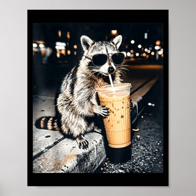 Póster Mapache divertido bebiendo café helado  (Frente)