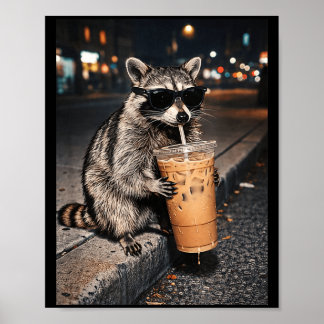 Póster Mapache divertido bebiendo café helado animal café