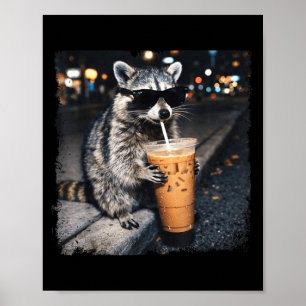 Póster Mapache divertido bebiendo café helado animal dive