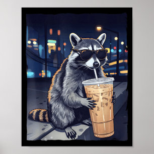 Póster Mapache divertido bebiendo café helado animal lind