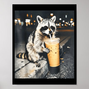 Póster Mapache Divertido Bebiendo Café Helado Animal Meme