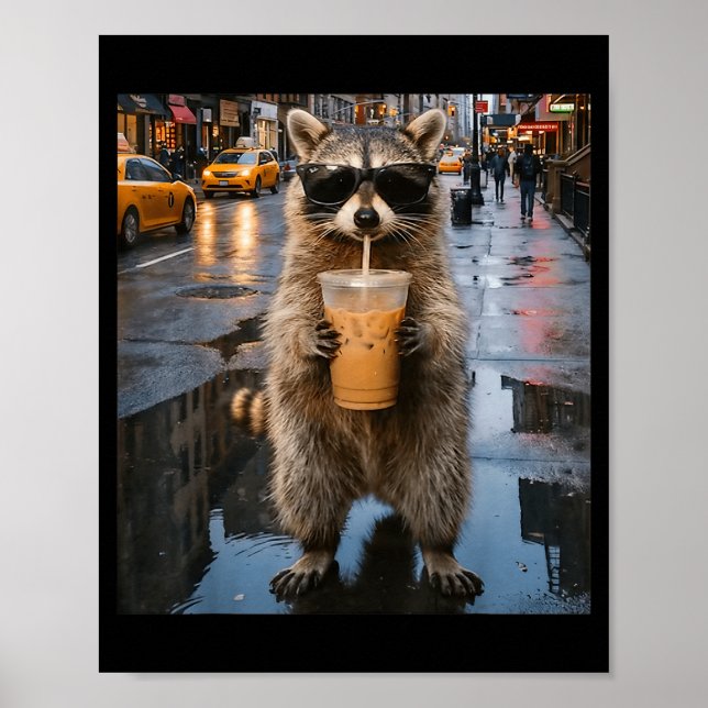Póster Mapache divertido bebiendo café helado animal meme (Frente)