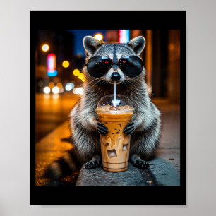 Póster Mapache divertido bebiendo café helado meme de ani