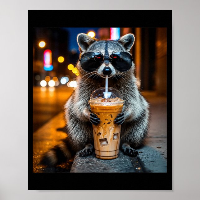 Póster Mapache divertido bebiendo café helado meme de ani (Frente)