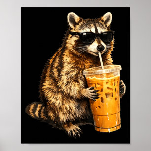 Póster Mapache divertido bebiendo café helado meme de ani