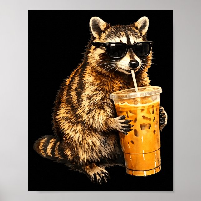 Póster Mapache divertido bebiendo café helado meme de ani (Frente)