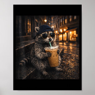 Póster Mapache divertido bebiendo café helado meme de ani