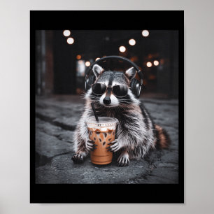 Póster Mapache divertido bebiendo café helado meme de ani