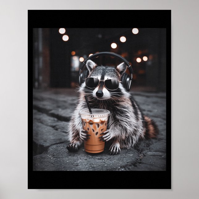 Póster Mapache divertido bebiendo café helado meme de ani (Frente)