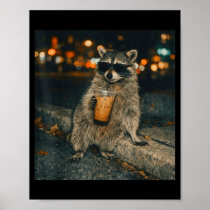 Póster Mapache divertido bebiendo café helado meme de ani