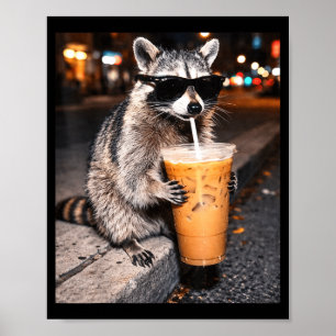 Póster Mapache divertido bebiendo café helado meme de ani
