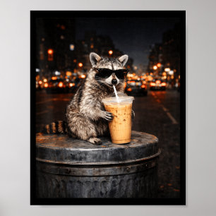Póster Mapache divertido bebiendo café helado meme de ani
