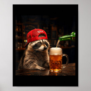 Póster Mapache divertido bebiendo cerveza patriótica 4 de