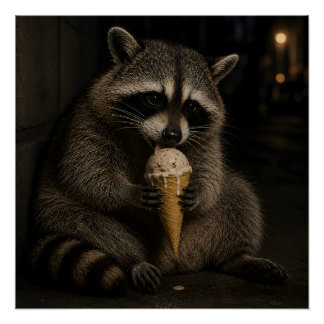 Póster Mapache Divertido Comiendo Helado