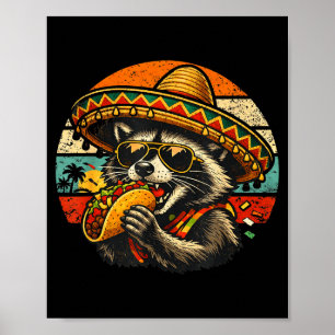 Póster Mapache Divertido Comiendo Taco Gráfico Retro Somb
