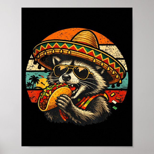 Póster Mapache Divertido Comiendo Taco Gráfico Retro Somb (Frente)