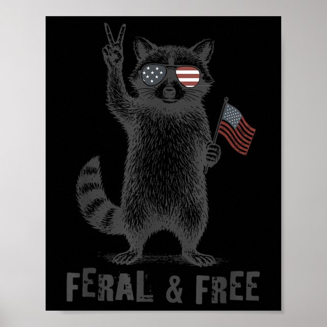 Póster Mapache Divertido Feral Pero Libre 4 De Julio Usa  (Frente)