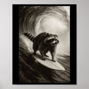 Póster Mapache Divertido Surf Selfie En Tabla De Surf Pla