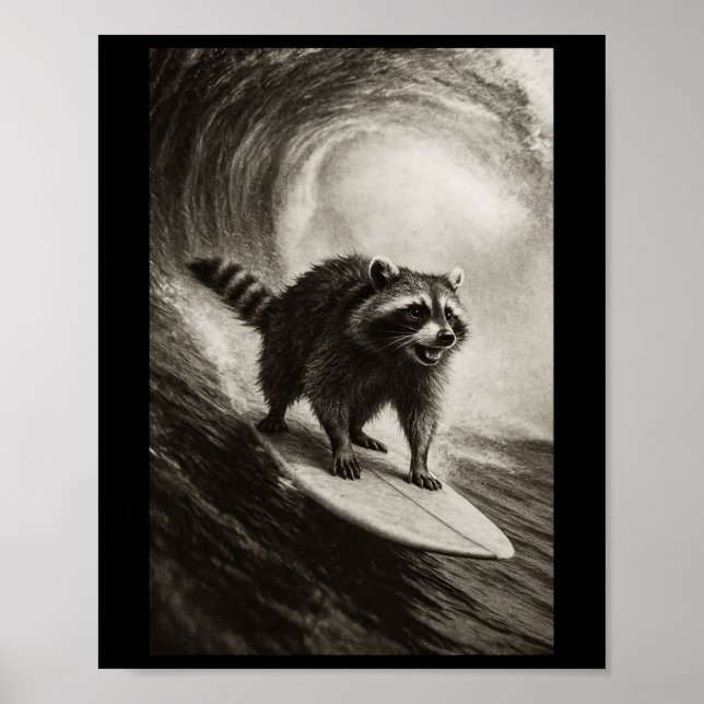 Póster Mapache Divertido Surf Selfie En Tabla De Surf Pla (Frente)