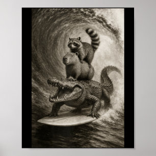 Póster Mapache Divertido Surfando Capybara Cocodrilo Self