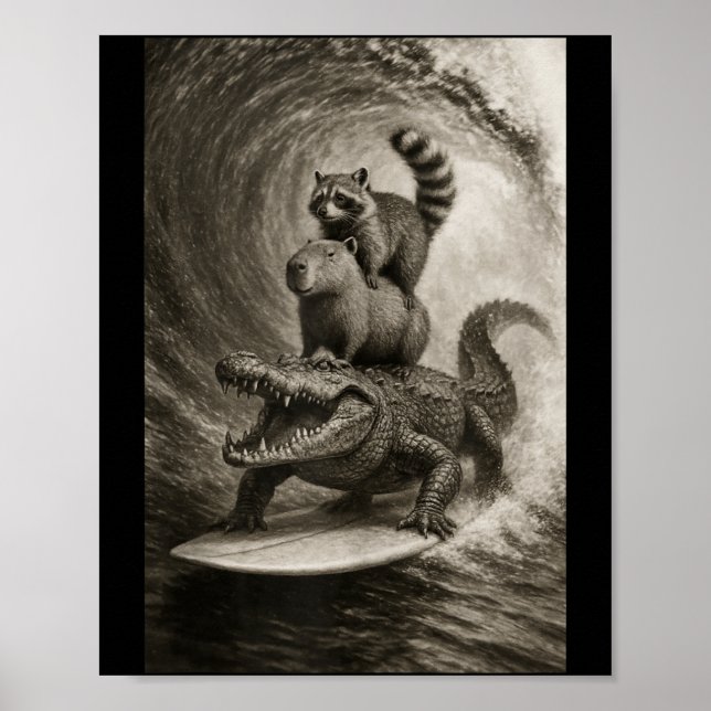 Póster Mapache Divertido Surfando Capybara Cocodrilo Self (Frente)