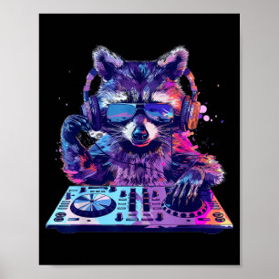 Póster Mapache Dj Edm Techno House Música Animal Divertid