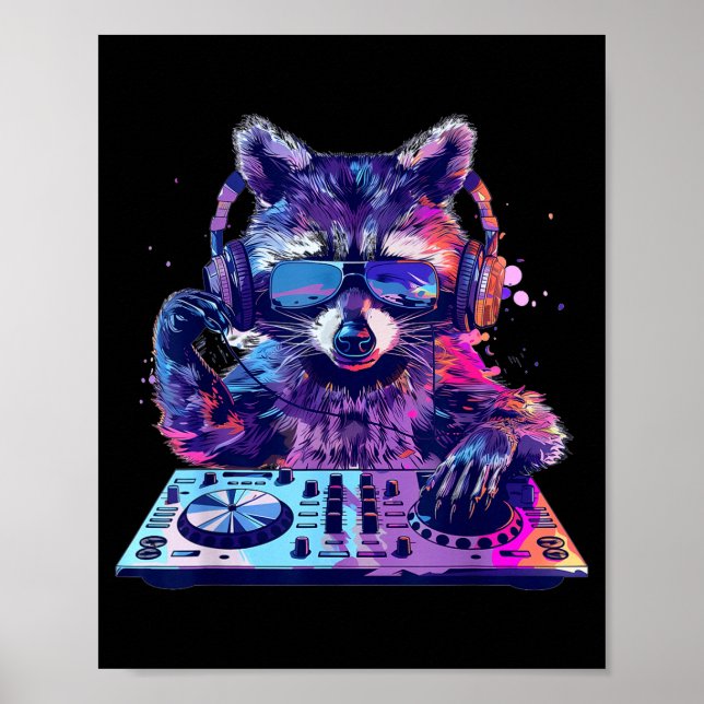 Póster Mapache Dj Edm Techno House Música Animal Divertid (Frente)