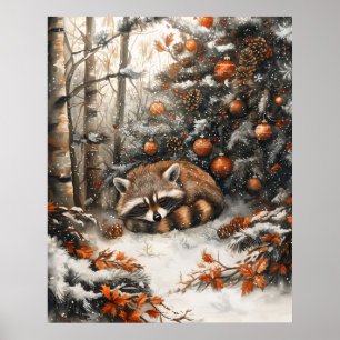 Póster Mapache Durmiendo Navideño Rústico Caprichoso