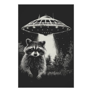 Póster Mapache espacial divertido en blanco y negro OVNI
