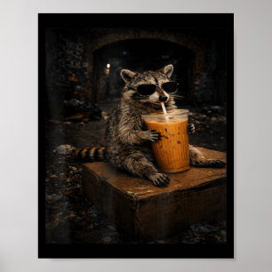 Póster Mapache Lindo Bebiendo Café Helado Divertido