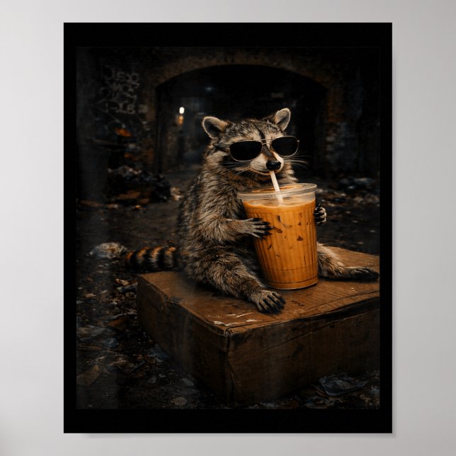 Póster Mapache Lindo Bebiendo Café Helado Divertido (Frente)